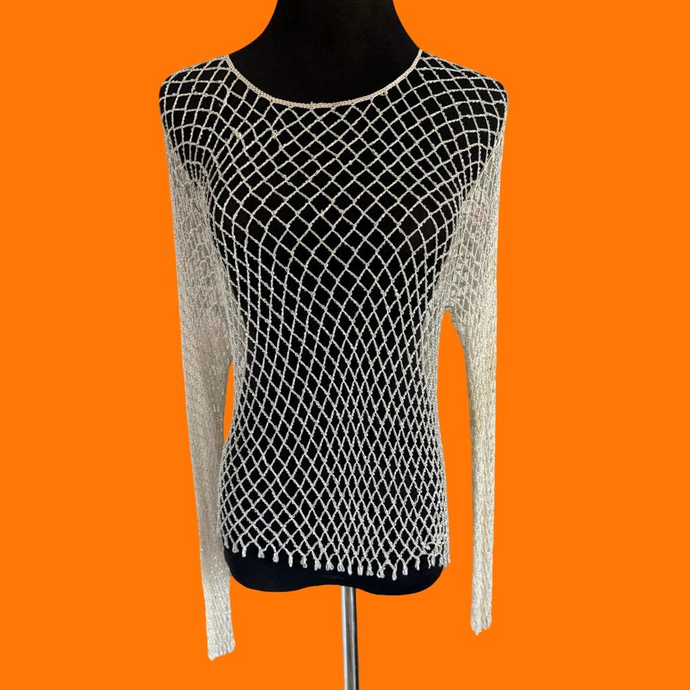90's vintage ivory beaded fishnet sheer long sleeve top S/M *flaws*